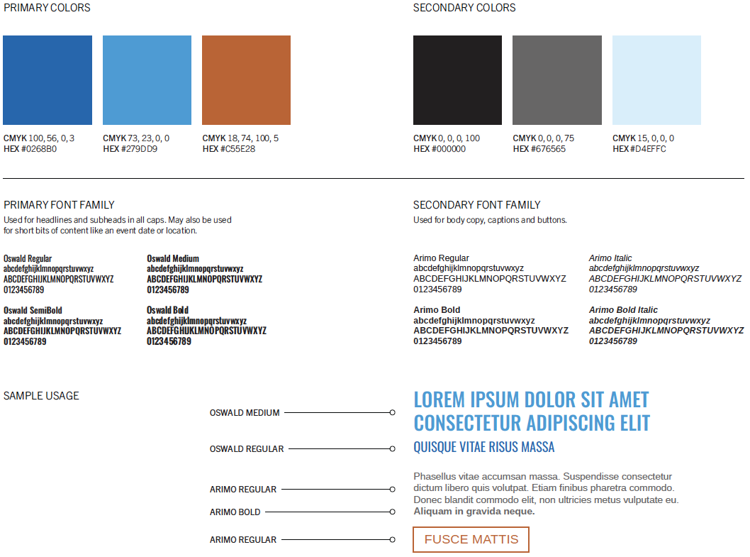 A color palette and font examples for branding guidelines, including primary and secondary colors, font styles, and sample usage text.