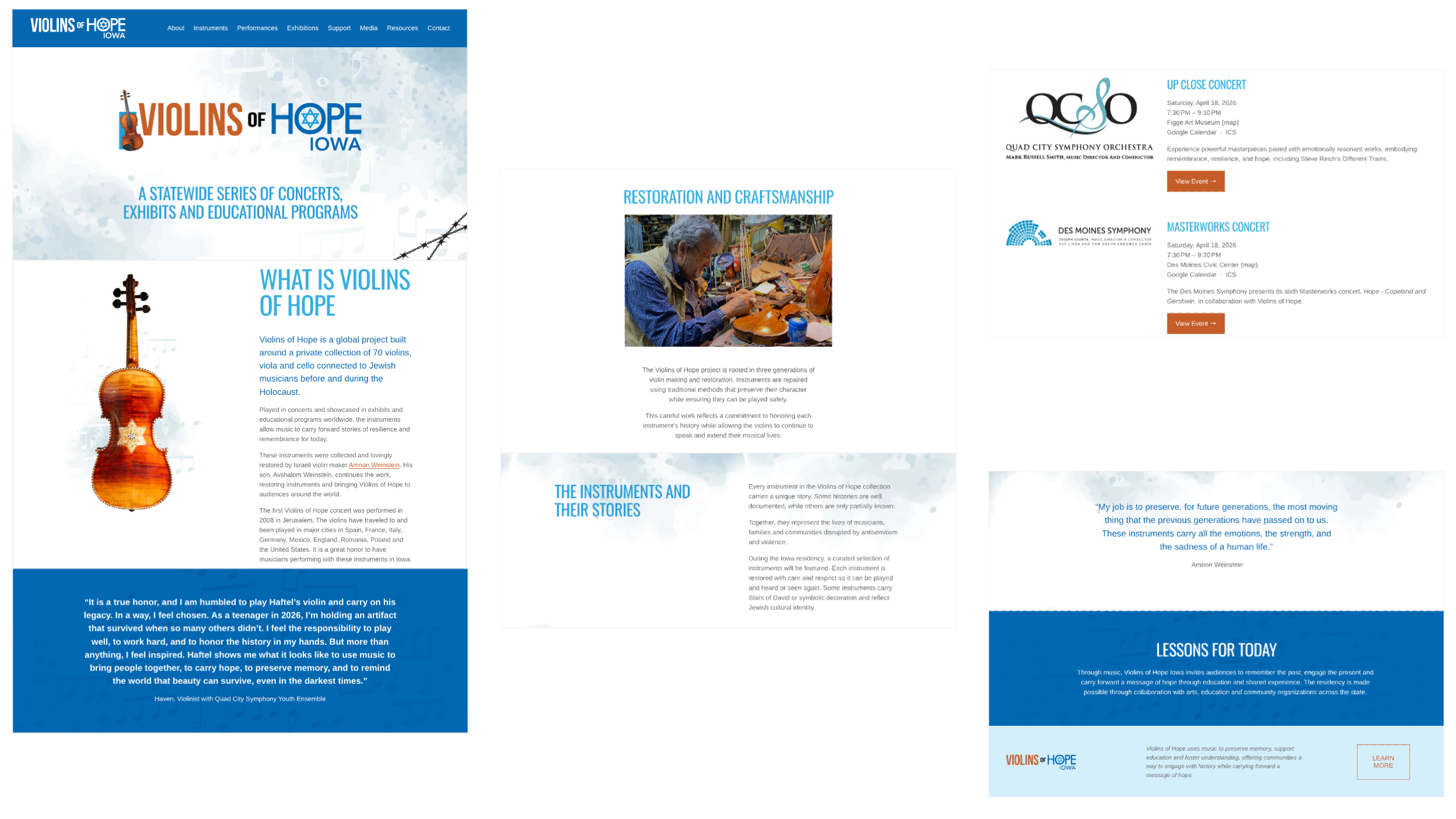 Web page for Violins of Hope Iowa featuring information about a music project involving restored violins connected to Jewish musicians during the Holocaust, with images of a violin and a craftsman working on a violin.