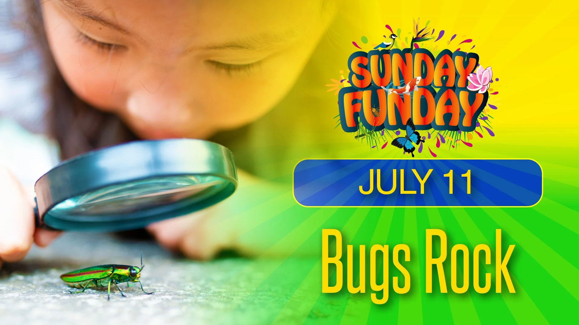 A young girl looking through a magnifying glass at a colorful insect on the ground, with a bright yellow and green background and a graphic that says 'Sunday Funday' and the date 'July 11'.