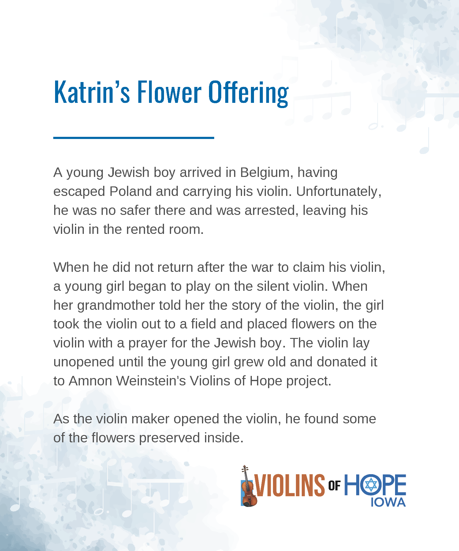Cover page of a publication titled "Katrin's Flower Offering" with a background of musical notes and a logo for Violins of Hope Iowa featuring a violin and a Star of David.