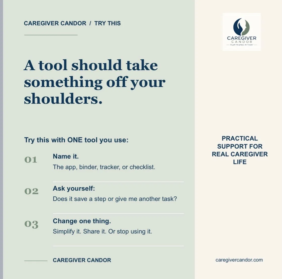 📣Your caregiving system might be making caregiving harder. 

Caregiving comes with enough work already.

So why are we keeping apps, binders, trackers, and systems that create more work than they save?

A tool doesn&rsquo;t earn its place in your li
