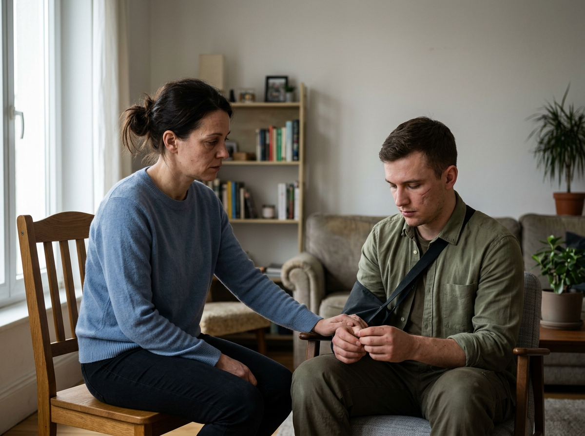 A woman in a blue sweater comforts a young man with a bandaged arm in a living room.