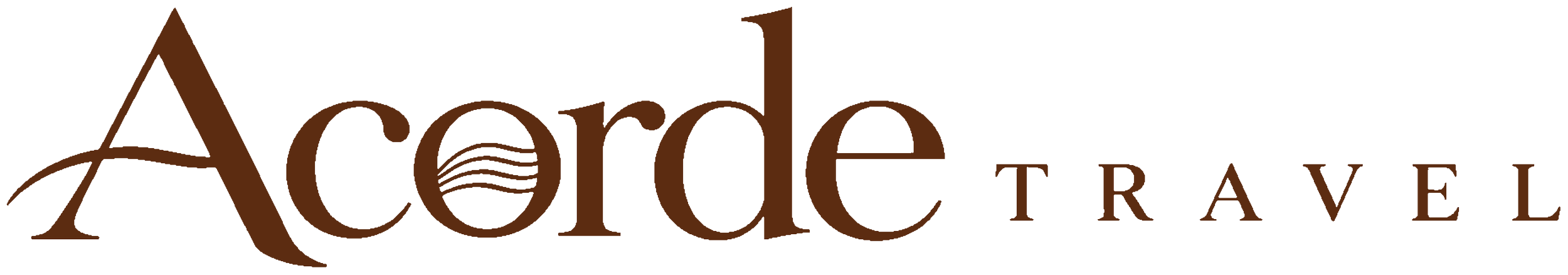 A logo for Acorde Travel in brown color with stylized text and horizontal lines representing waves behind the word 'Acorde'