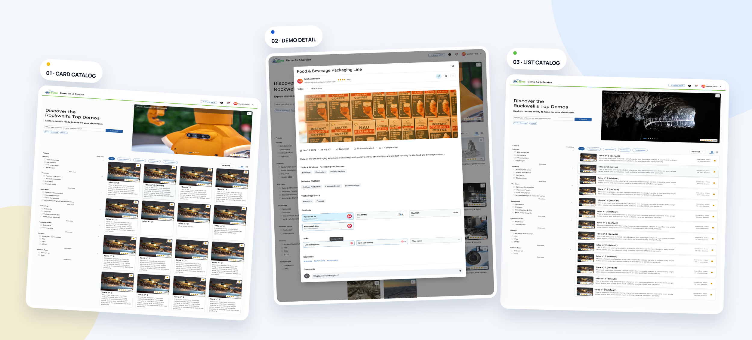 Screenshots of a web interface showing demo pages for a service called 'Demo As A Service,' including a card catalog of products, a demo detail page for food and beverage packaging, and a list catalog of demos with filters and product details.