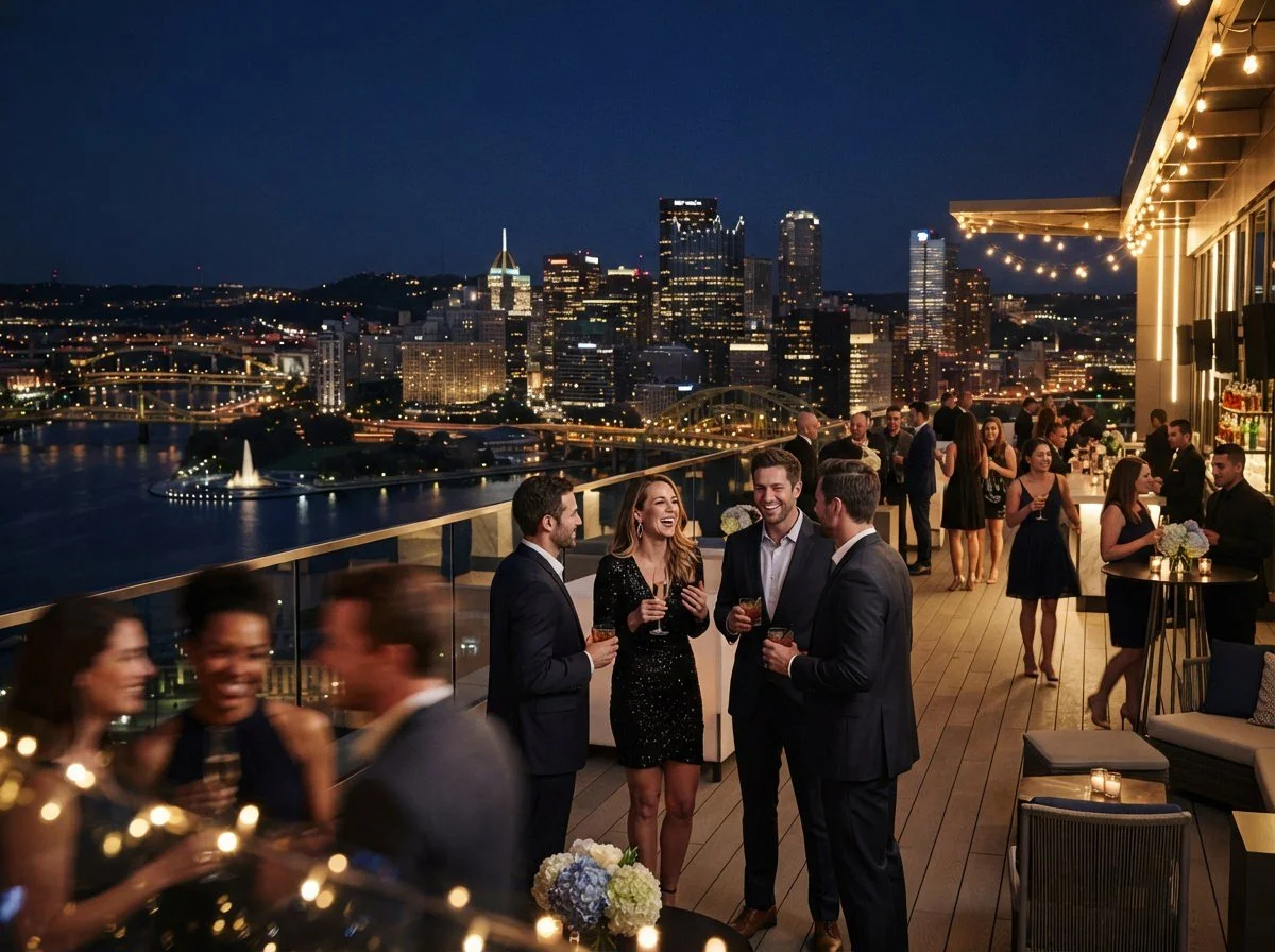 People socializing at a rooftop bar overlooking a city skyline at night, with a river and illuminated bridges in the background serving the Greater Pittsburgh area