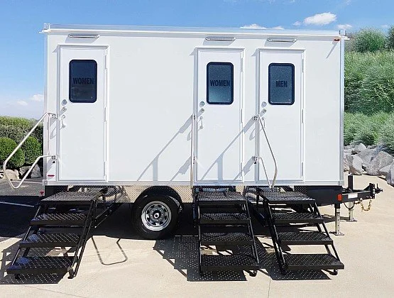 Mobile restroom trailer from Lucky’s Lavish Lavatories