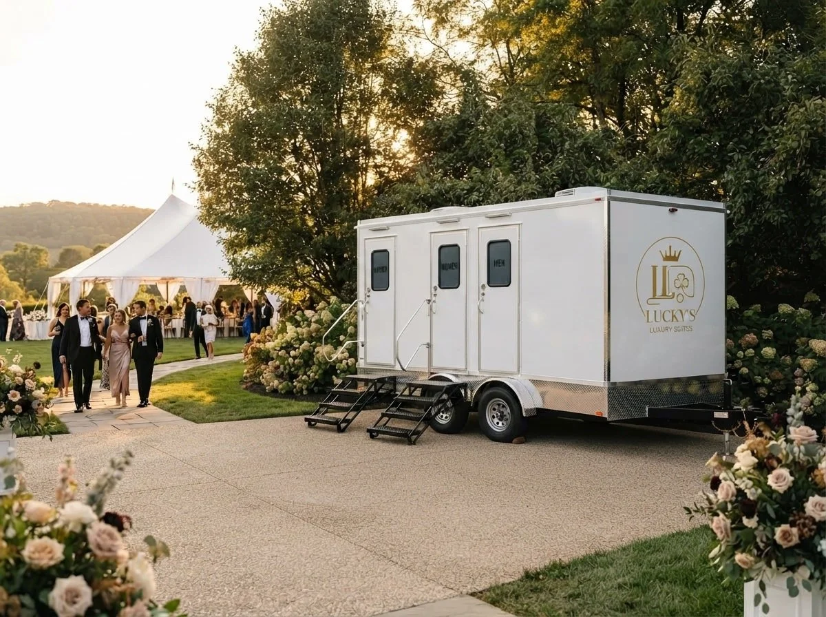 Luxury restroom trailer set up at an outdoor wedding in Johnston County, North Carolina.
