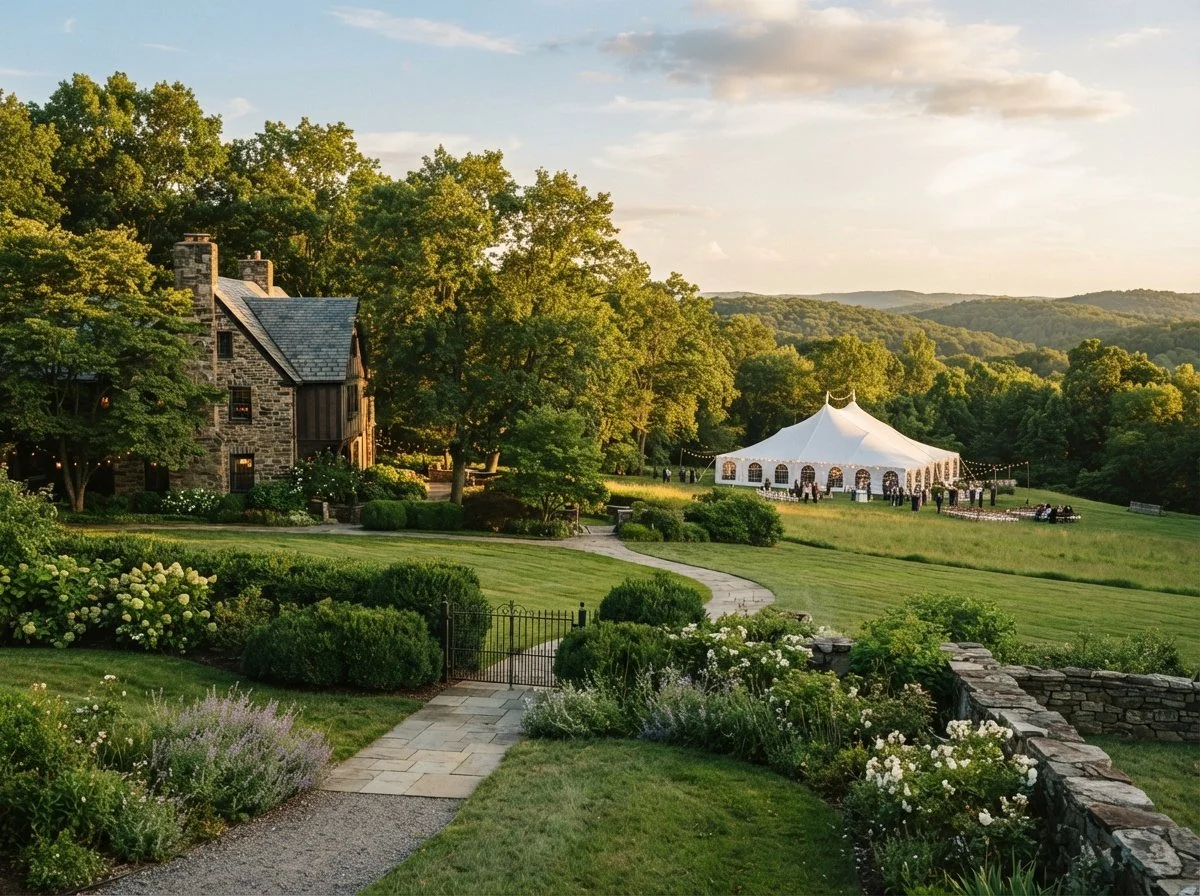 A scenic outdoor landscape with a stone house surrounded by lush green trees and a well-maintained garden, with a large white event tent set up on a grassy field, under a partly cloudy sky during sunset in Pittsburgh, PA