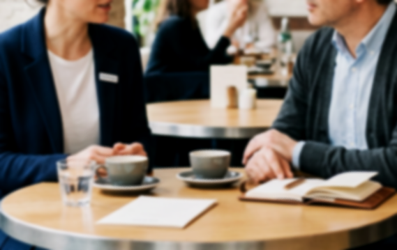 Une infirmière clinicienne de Services CliniPharma et son client pharmacien discutent lors d'une réunion dans un café, avec des cafés , et des documents sur la table.
