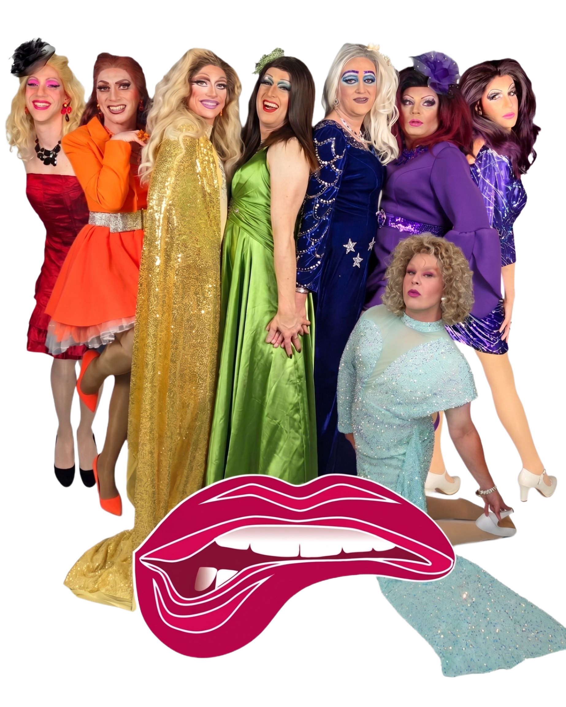 KeinKunst Drags  in bunten, auffälligen Outfits stehen in einer Reihe und posieren für ein Foto, mit einem großen, roten, geöffneten Mund im Vordergrund.