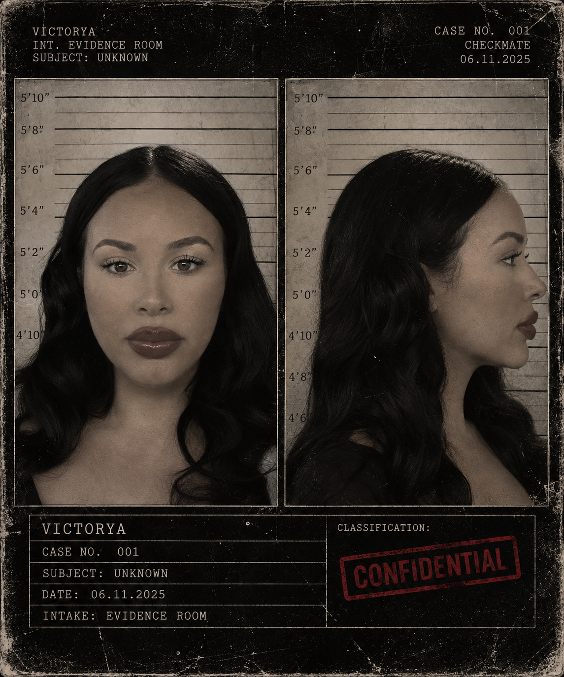 Photograph of a woman with long dark hair, photographed from front and side in a mugshot style, with height measurement lines in the background, in an evidence room setting, marked confidential.