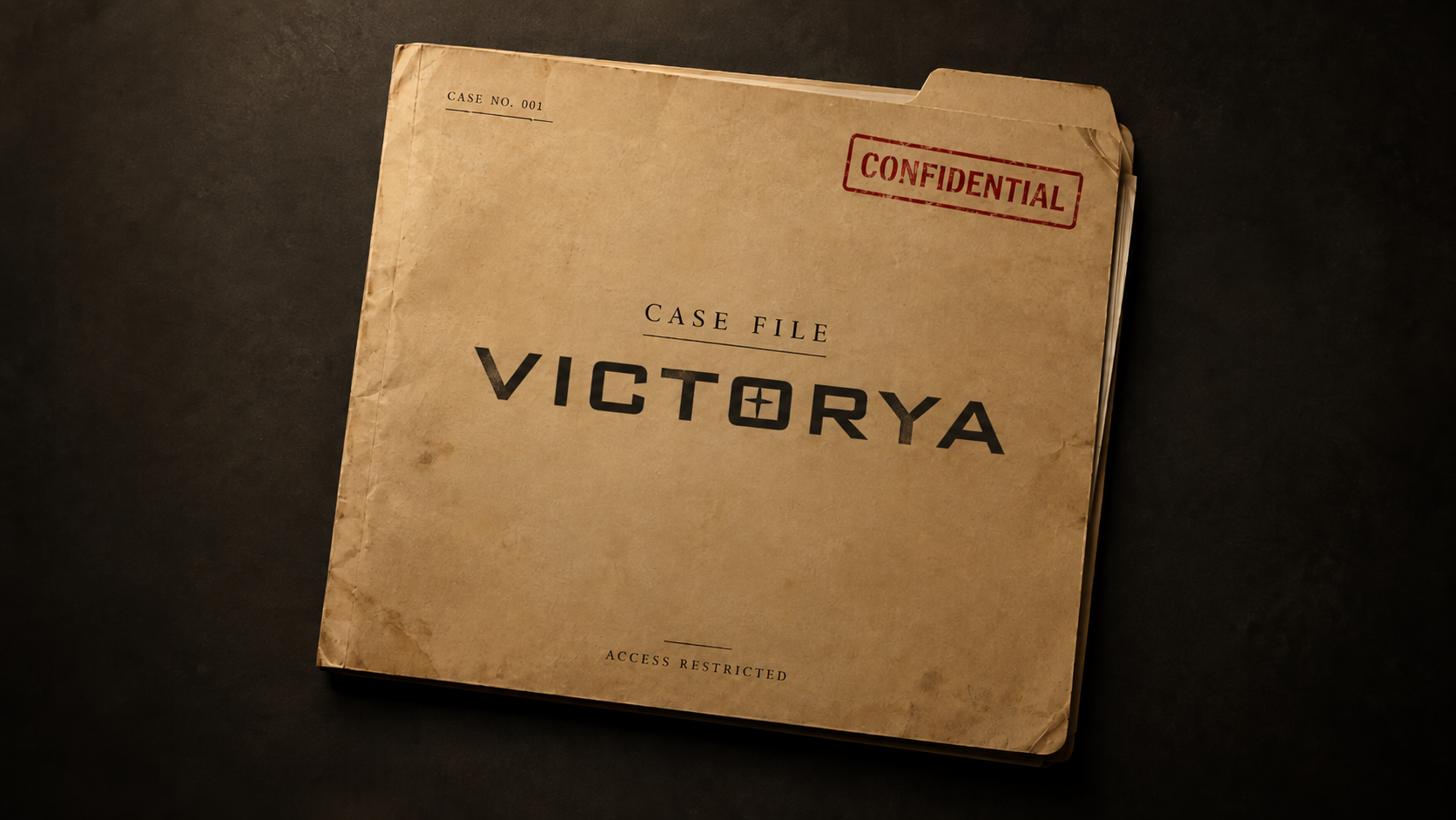 A vintage-style folder with the words 'CASE FILE VICTORY' and a red stamp labeled 'CONFIDENTIAL'. It has an aged appearance with creases and worn edges and is placed on a dark surface.