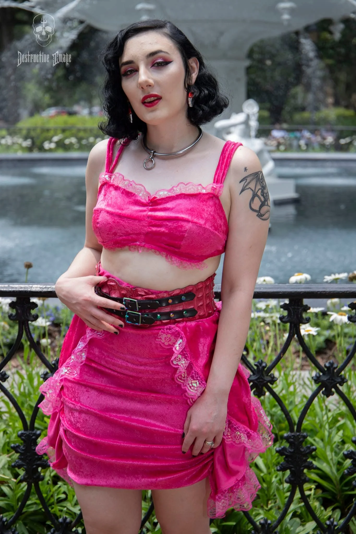 Pink top and ruched skirt designed and sewed by me in crushed stretch velvet