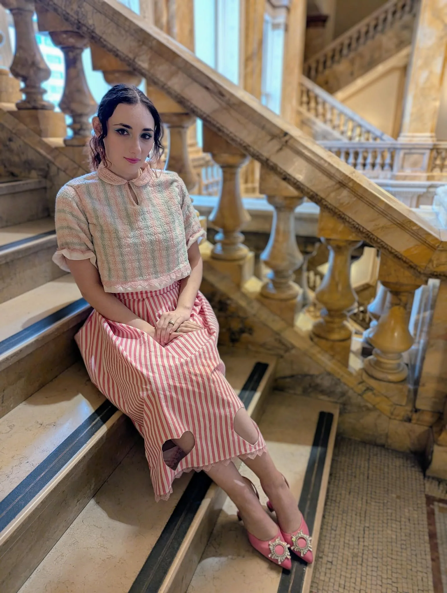 Peter Pan collar top made from an old blanket, heart cutout skirt made from a cotton bedsheet. Designed and sewed by me