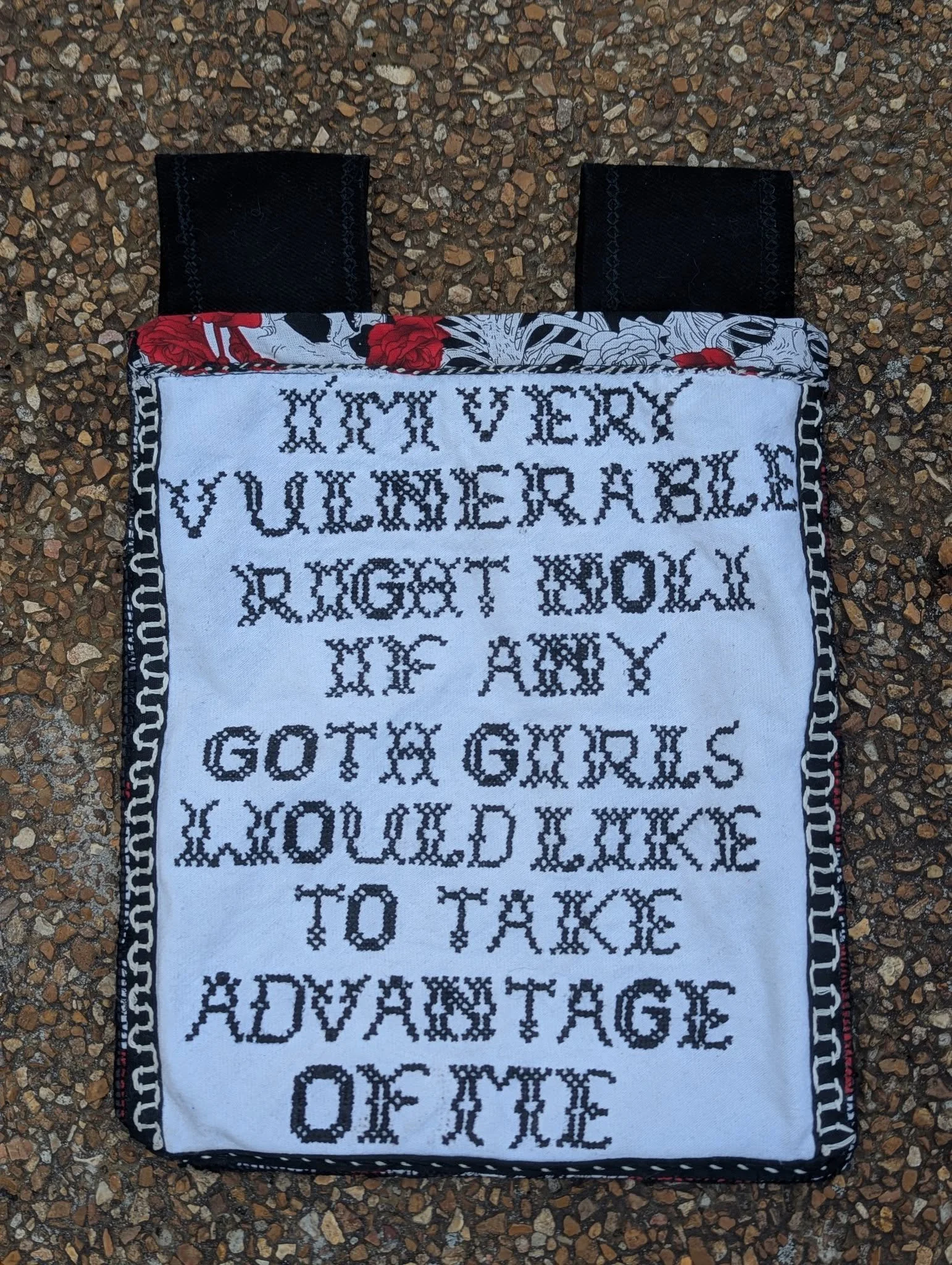 Cross stitched belt flag. Font designed by me based on 17th and 18th century fonts
