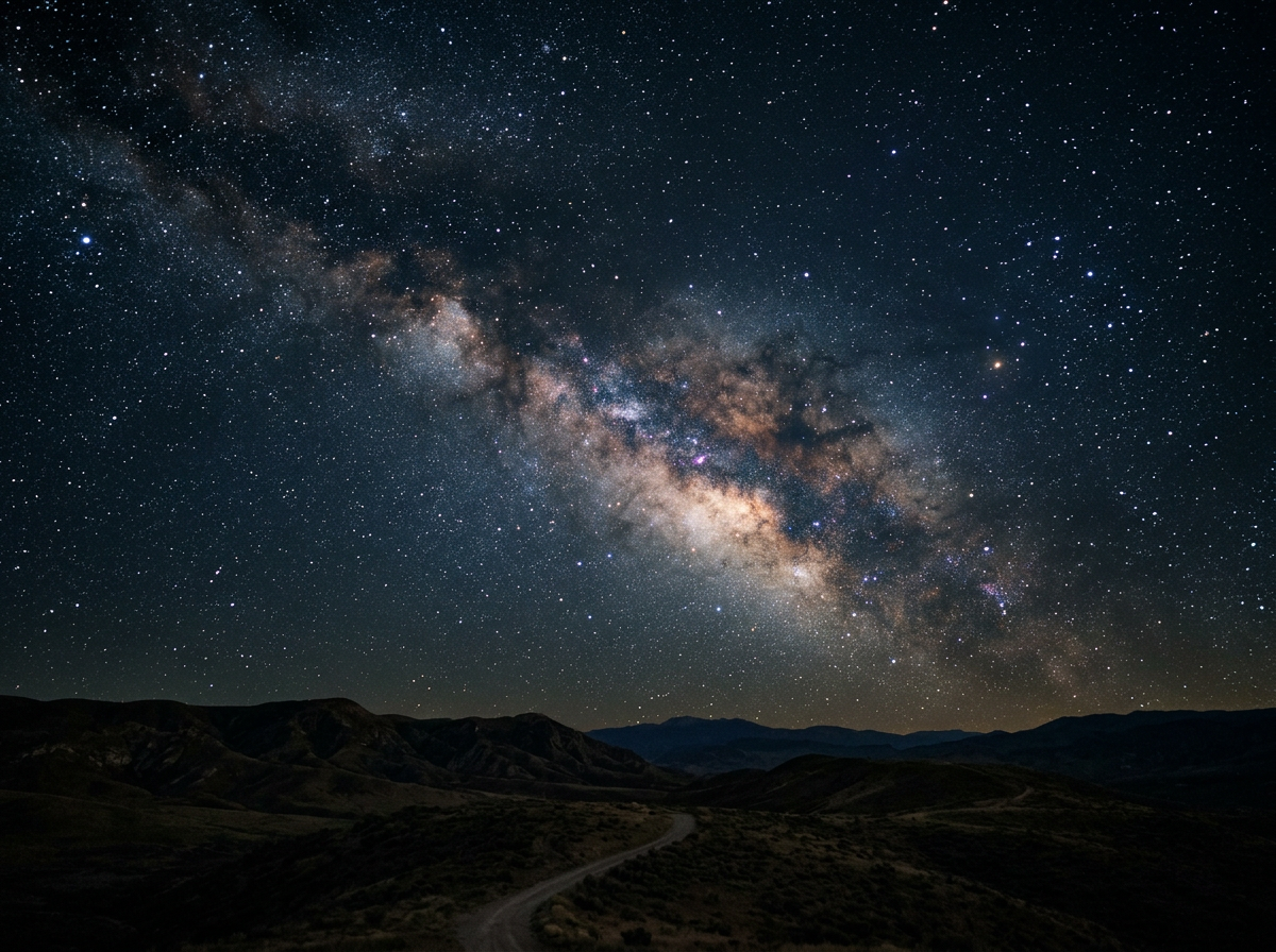 Night sky filled with stars and the Milky Way galaxy over mountain landscape