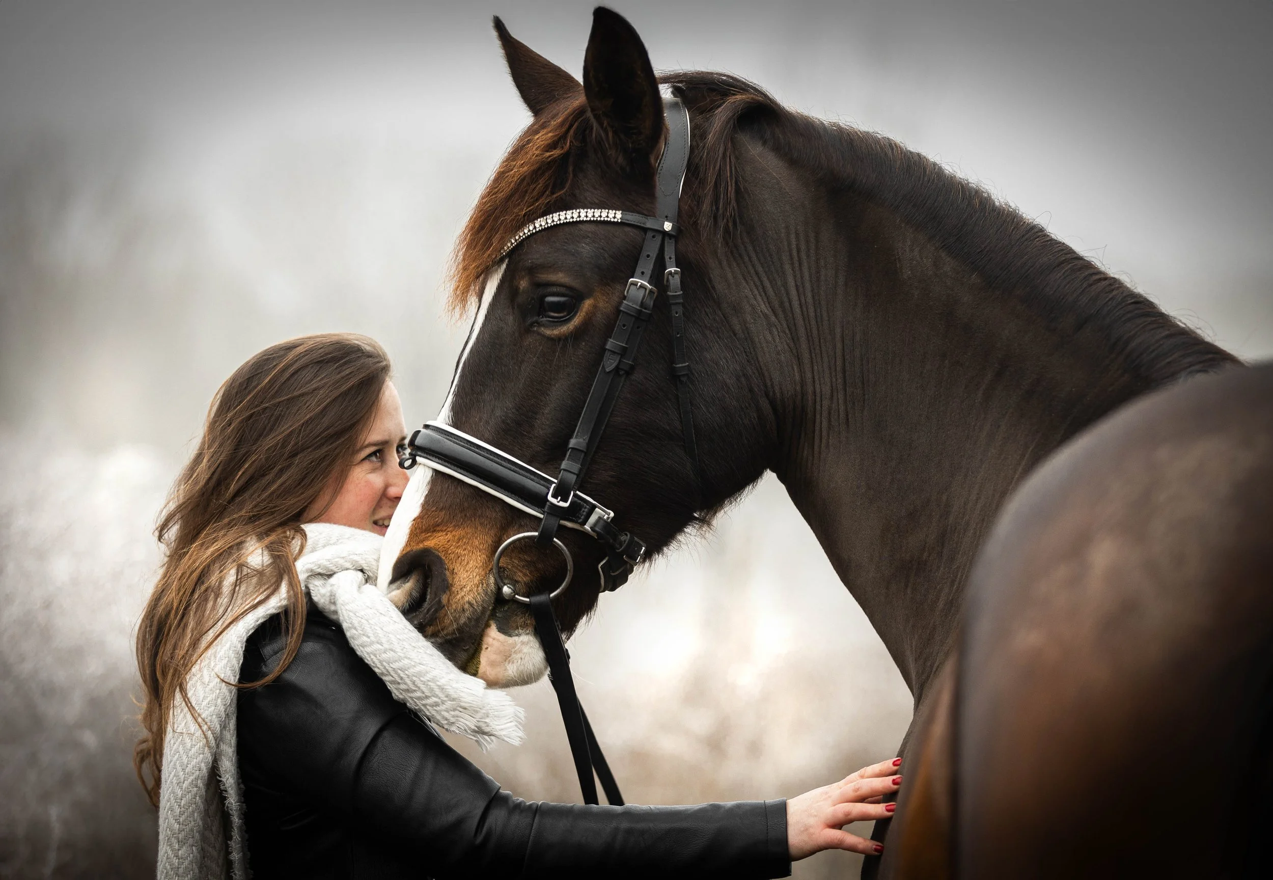 Une jeune femme avec longs cheveux bruns touchant le museau d’un cheval noir avec une tache blanche. Le cheval porte un mors et une bride, et il y a un collier de diamants sur la tête du cheval. L’arrière-plan est flou.