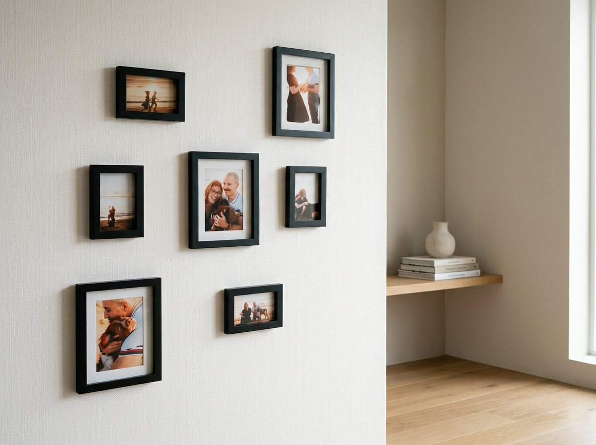 Une galerie de photos encadrées accrochée à un mur, avec des images de personnes et un chien, dans un intérieur lumineux avec une étagère en bois et un vase blanc plâtre.