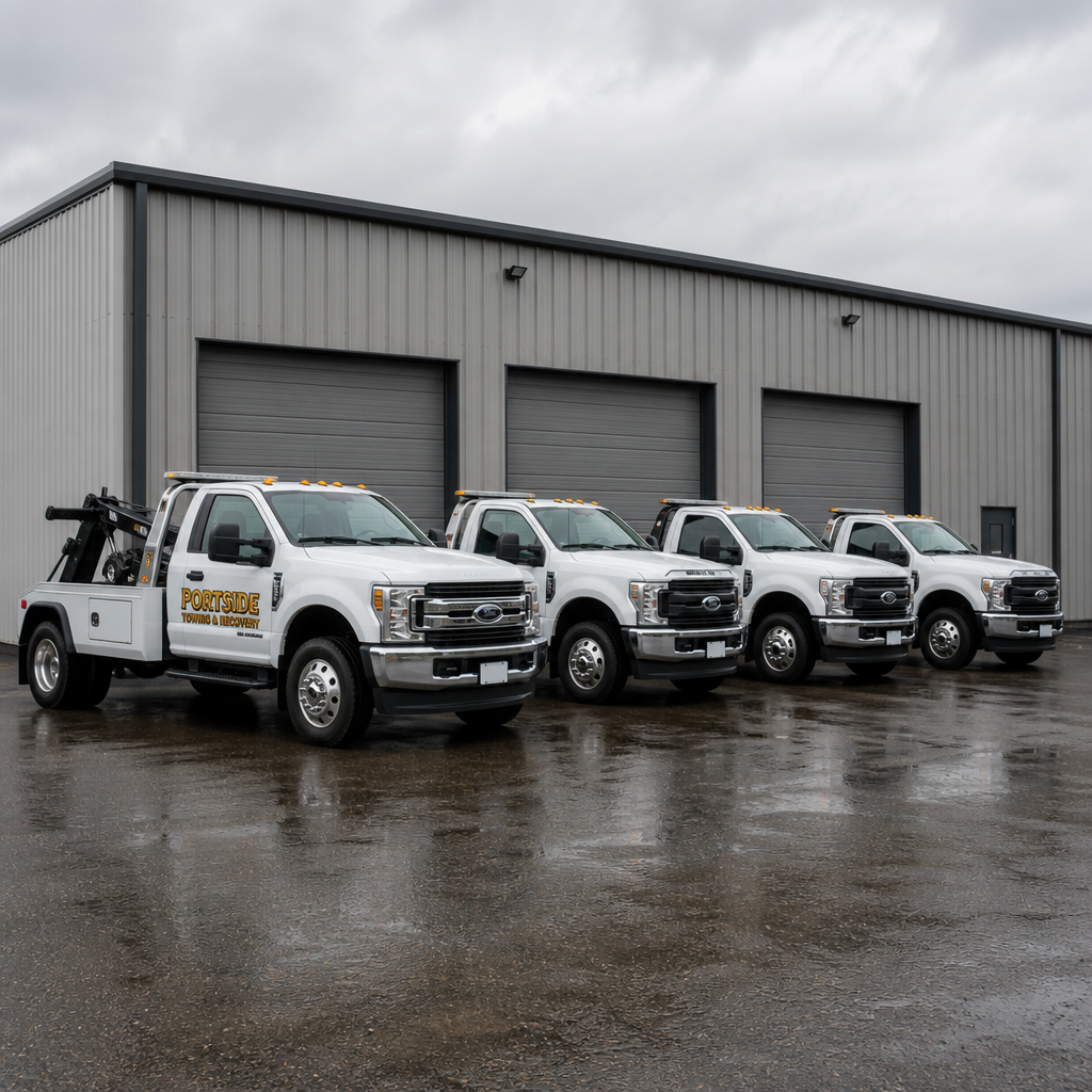 Custom commercial vehicle lettering on a fleet of white tow trucks for Portside Towing & Recovery