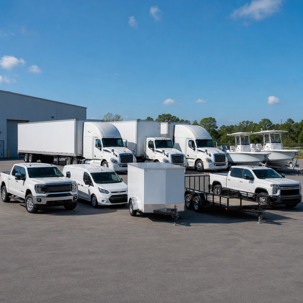 Commercial vehicle fleet including trucks, vans, pickup trucks and trailers at a business facility