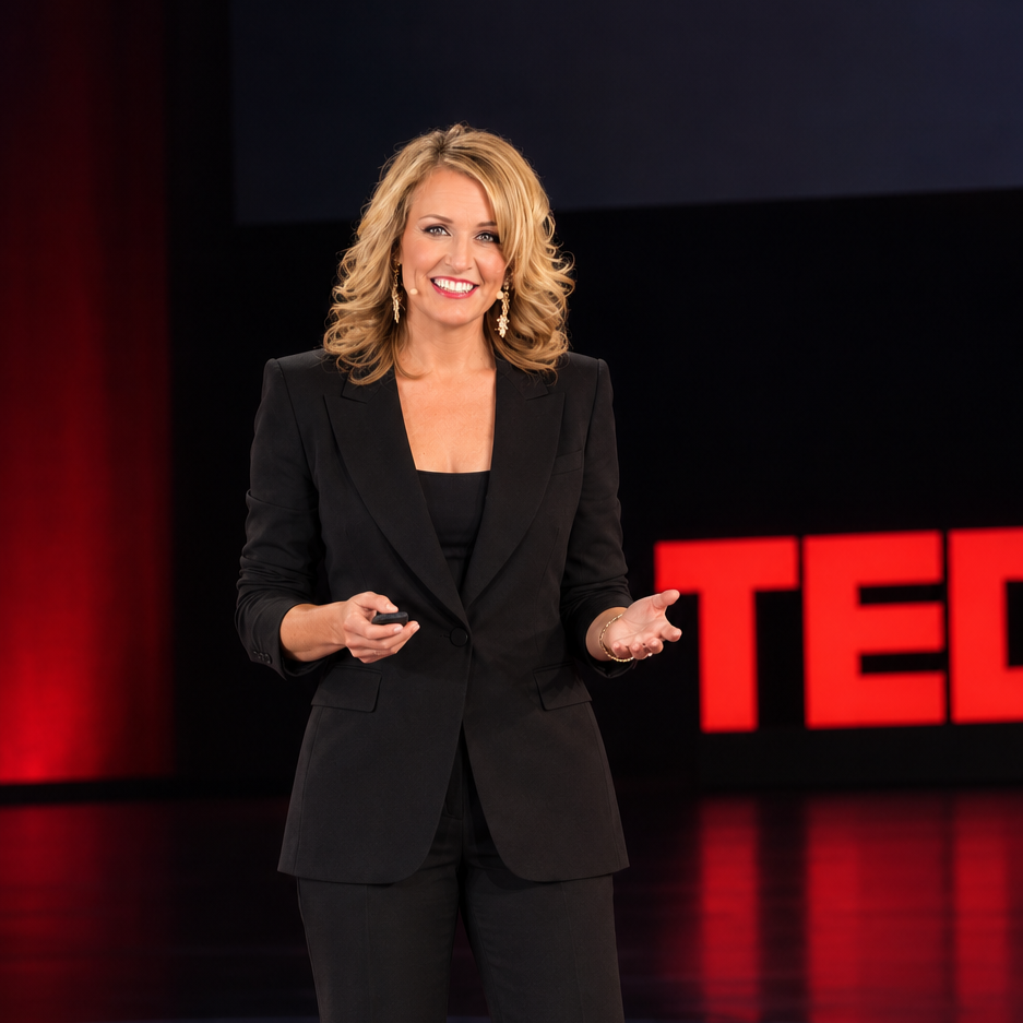 Liz Holtzinger giving a presentation on stage at a TED event, with the red TED logo in the background.