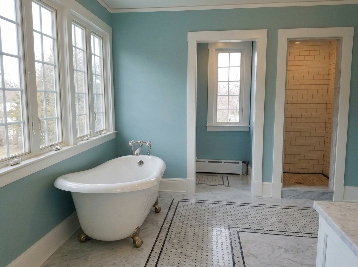 A bathroom with light blue walls, a vintage white clawfoot bathtub near windows, and a separate shower area with white subway tiles.