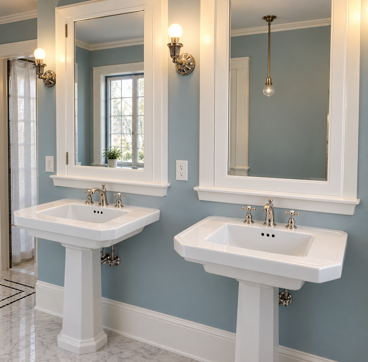 Bright bathroom with two white pedestal sinks and large framed mirrors, blue walls, wall-mounted light fixtures, a window with a small potted plant, and marble tile flooring.