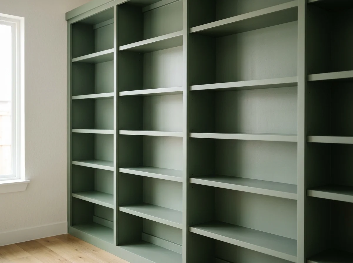 Empty green bookshelves next to a window in a room with light-colored walls and wooden flooring.