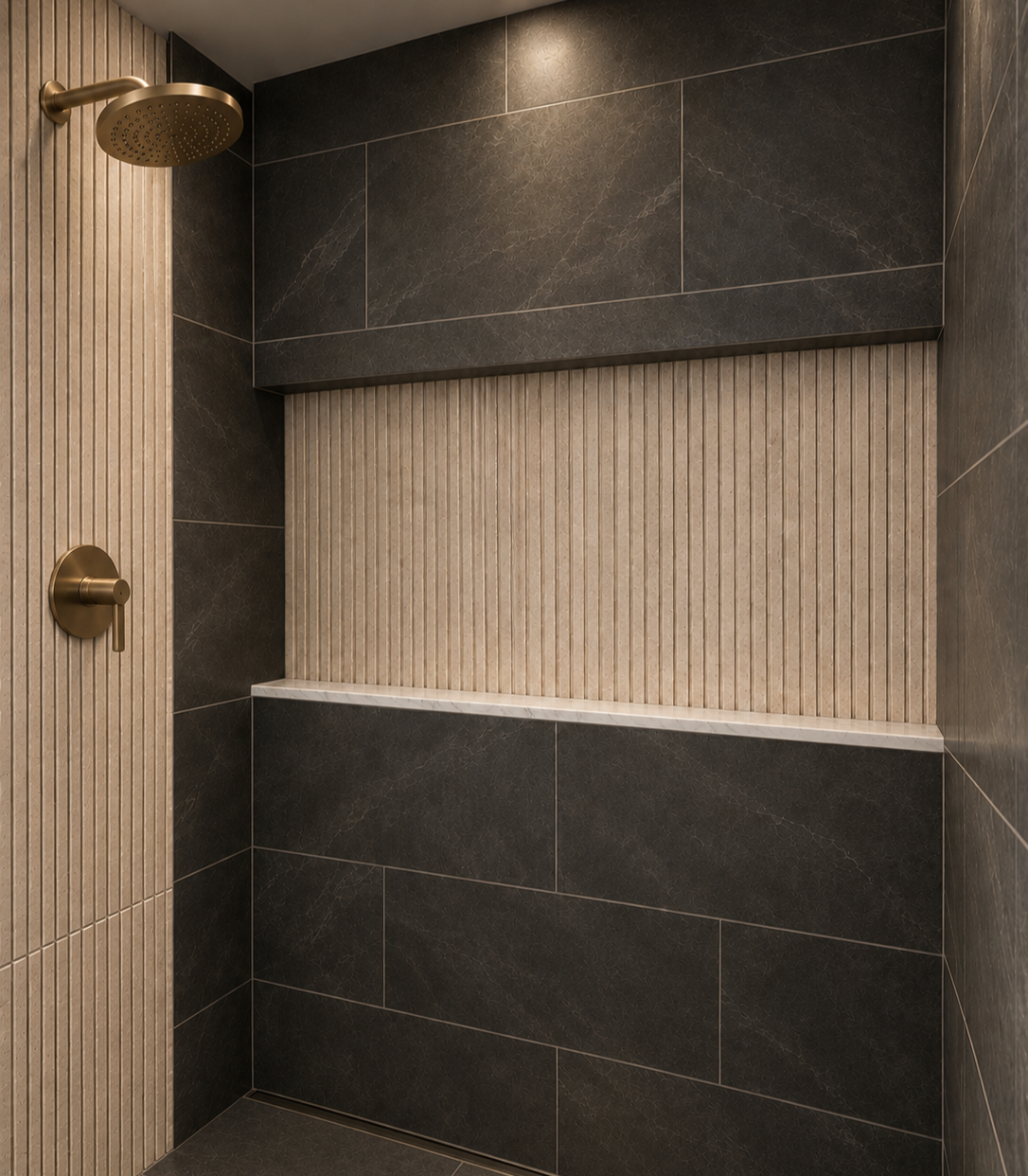 Modern shower with black and beige tiled walls, round rainfall showerhead, and a built-in shelf.