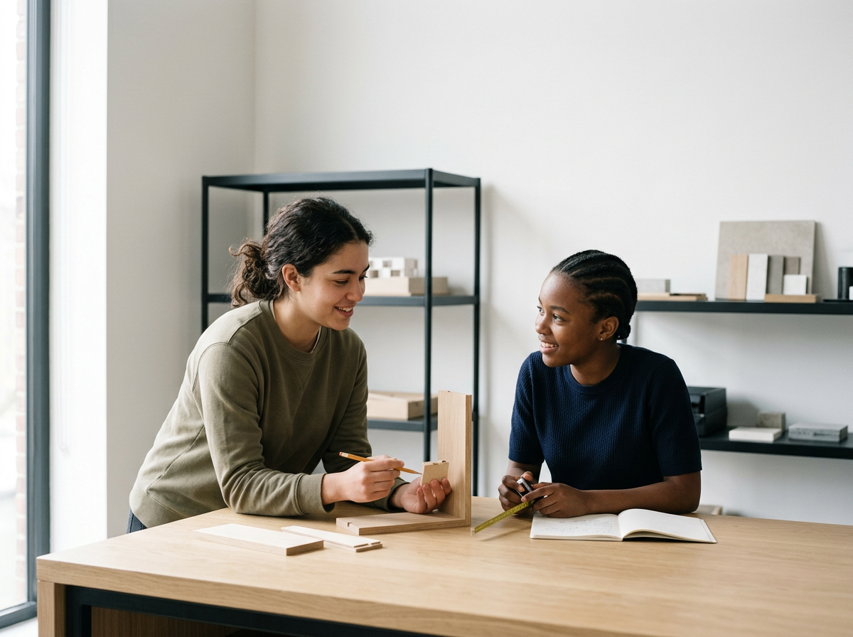 Two women sitting at a light wood table, discussing and working on a small wooden project with tools and paper, in a modern room with shelves and natural light.