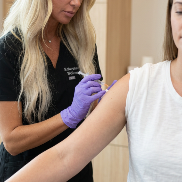 A healthcare professional wearing purple gloves giving a vaccination to a person in a white shirt at Rejuvenate Wellness in Florence Kentucky