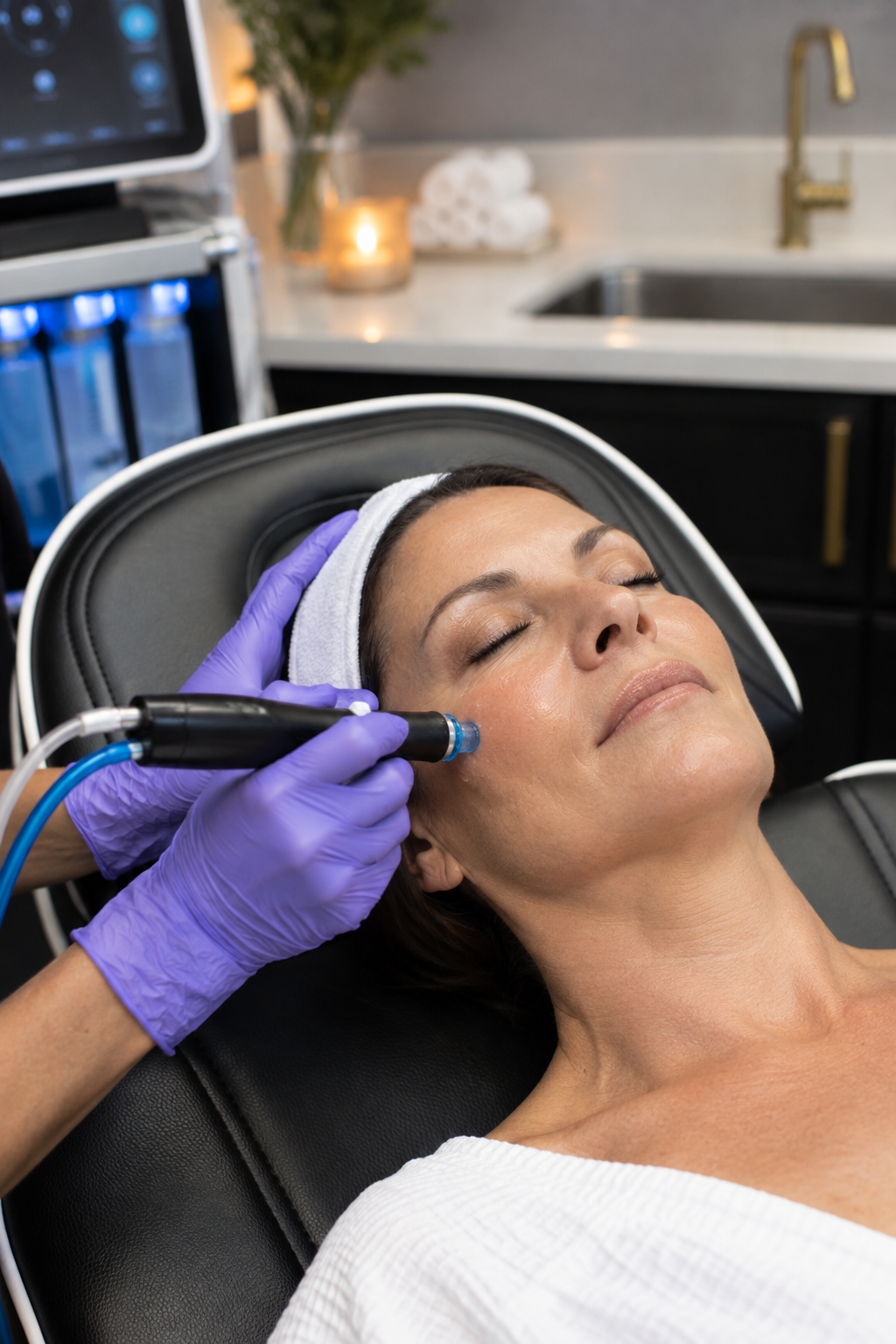 A woman receiving a facial treatment with a device in a medical or spa setting at Rejuvenate Wellness in Florence Kentucky
