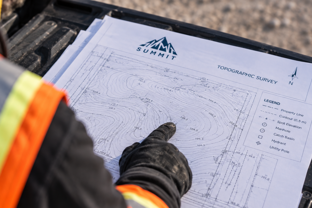 Person pointing at a topographic survey map titled 'SUMMIT' with contour lines and property lines, held on a clipboard outdoors.