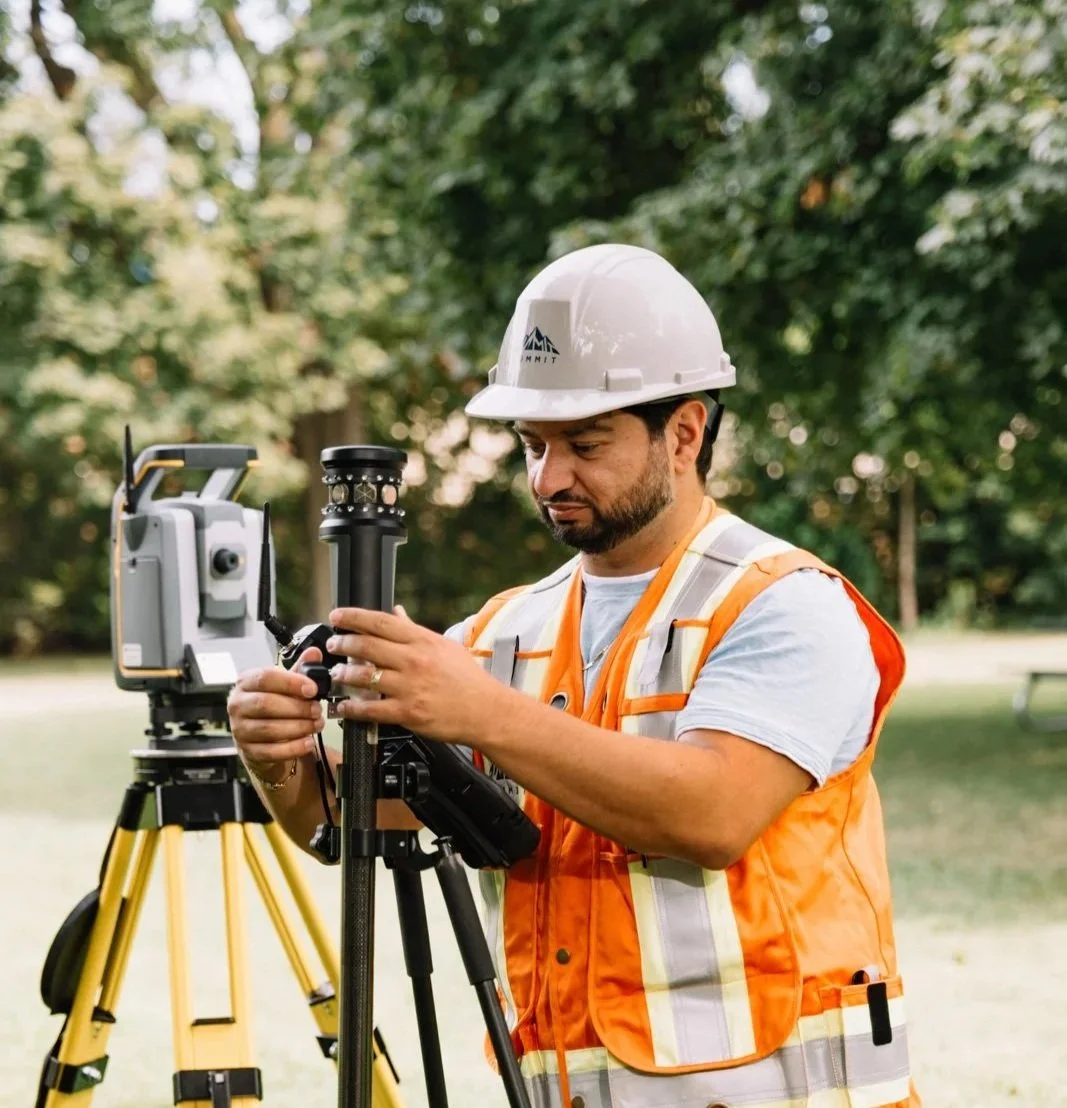 A man wearing a white safety helmet and orange safety vest operating surveying equipment outdoors in a park with green trees.