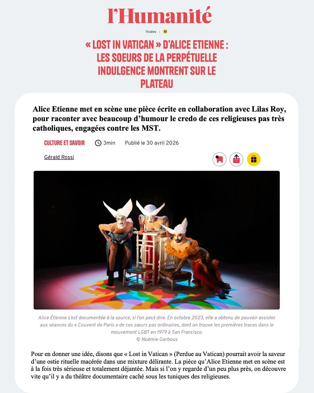 Lost In Vatican est dans @lhumanitefr !!! Merci infini 🔥
Venez go&ucirc;ter l&rsquo;ostie du 6 au 10 mai au @theatrelareineblanche 💖✝️

➡️ Lien en bio