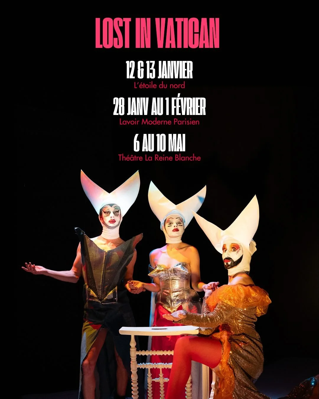 LOST IN VATICAN, coming out dans une semaine 🔥🔥
R&eacute;servations en bio 
💛🧡❤️🩷💜💙🩵💚

📸 @noemie.garbous 

#th&eacute;&acirc;tre #th&eacute;&acirc;treparis #spectacle #soeursdelaperp&eacute;tuelleindulgence