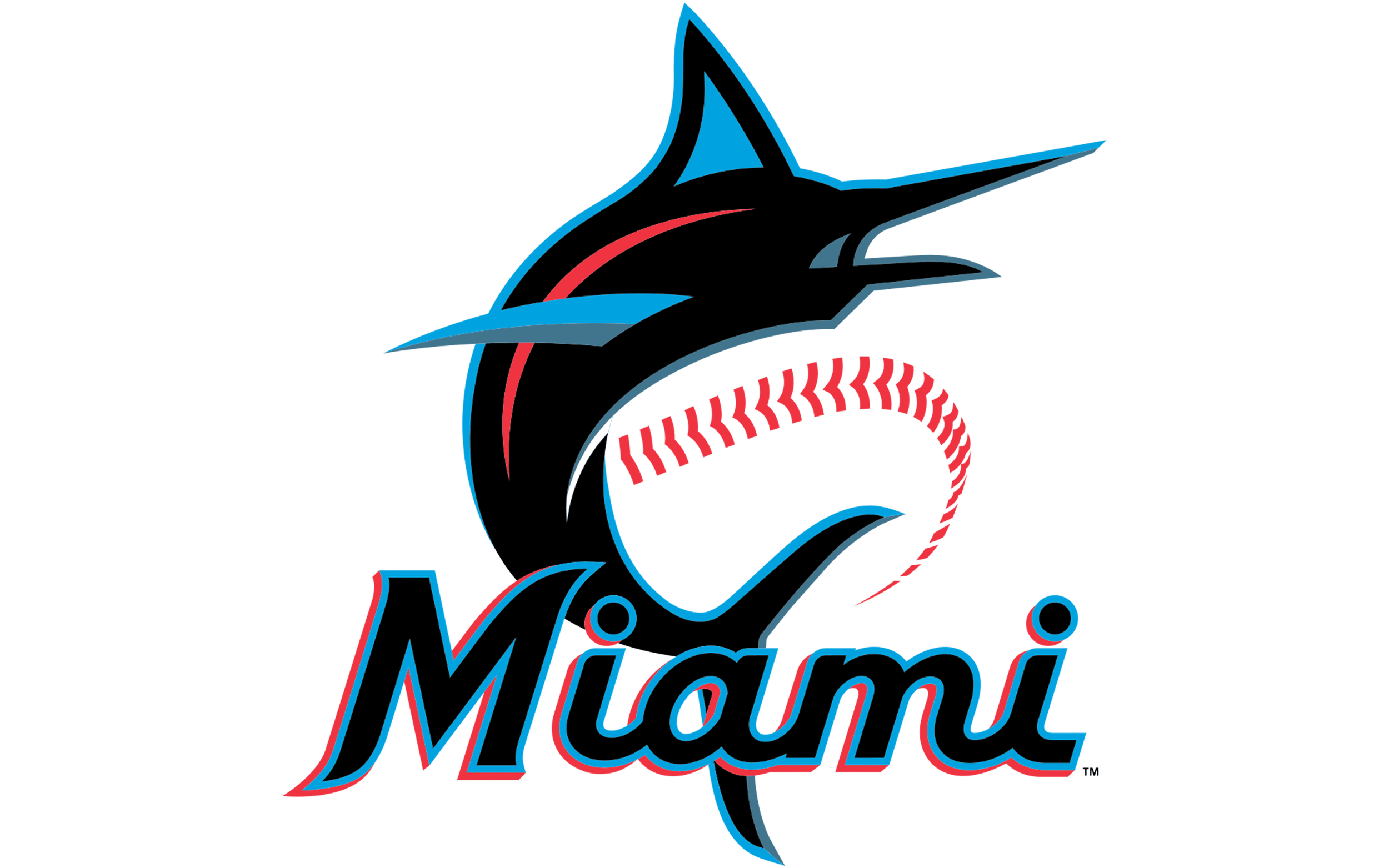 The logo of the Miami Marlins, a Major League Baseball team, featuring a stylized marlin fish in black, blue, and red, jumping over the word 'Miami' written in cursive with a baseball behind the fish.