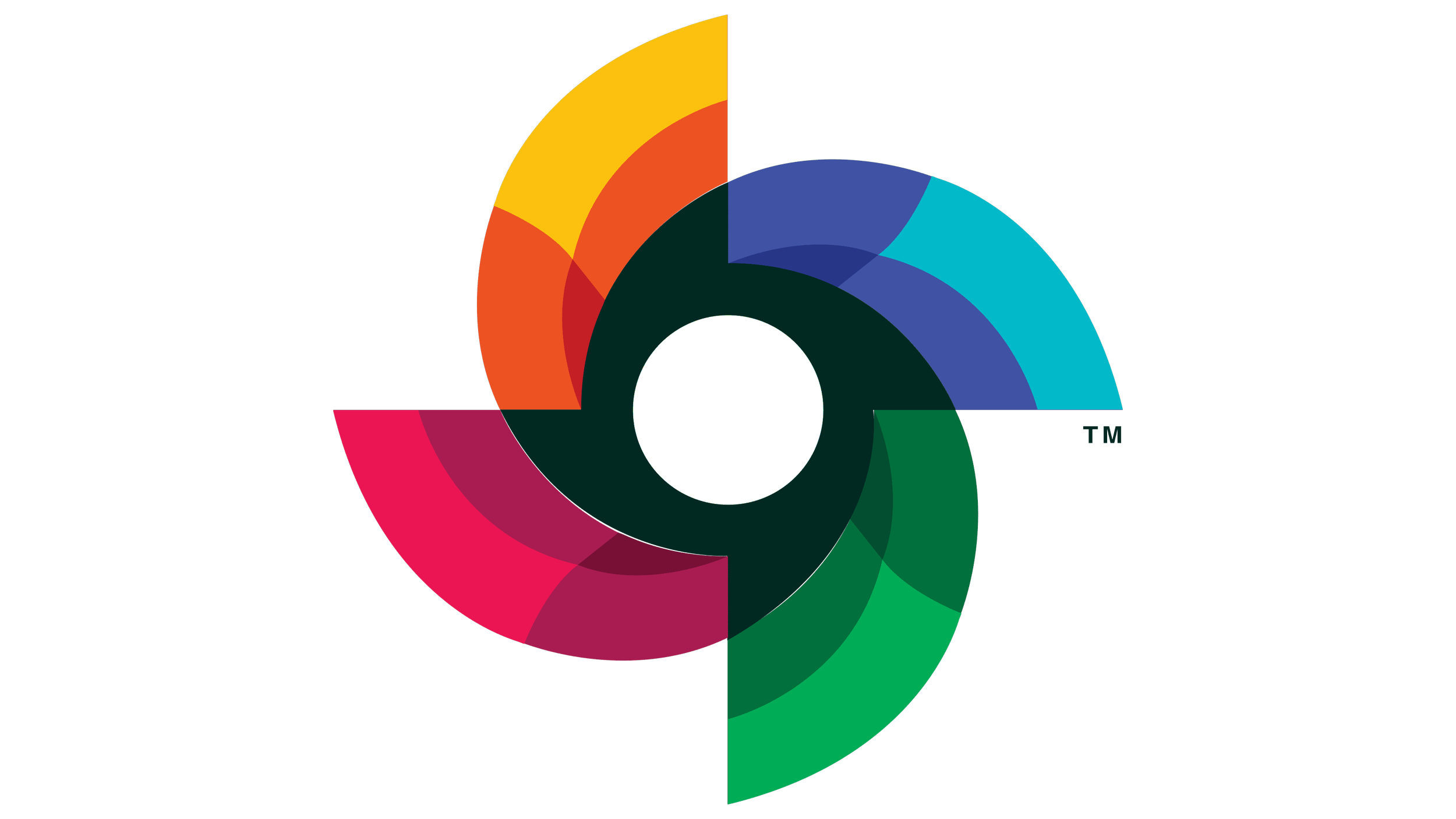 Colorful circular design with segments in red, pink, orange, yellow, green, blue, and purple, overlapping in a spiral pattern.