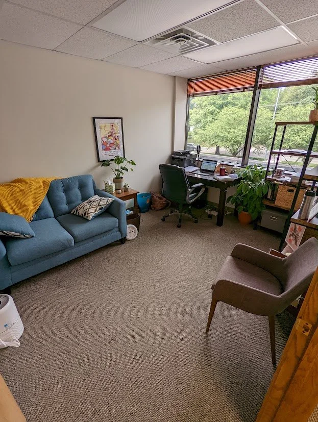Office space with a blue sofa, a gray armchair, a desk with a black office chair, and various plants near a window with horizontal blinds.