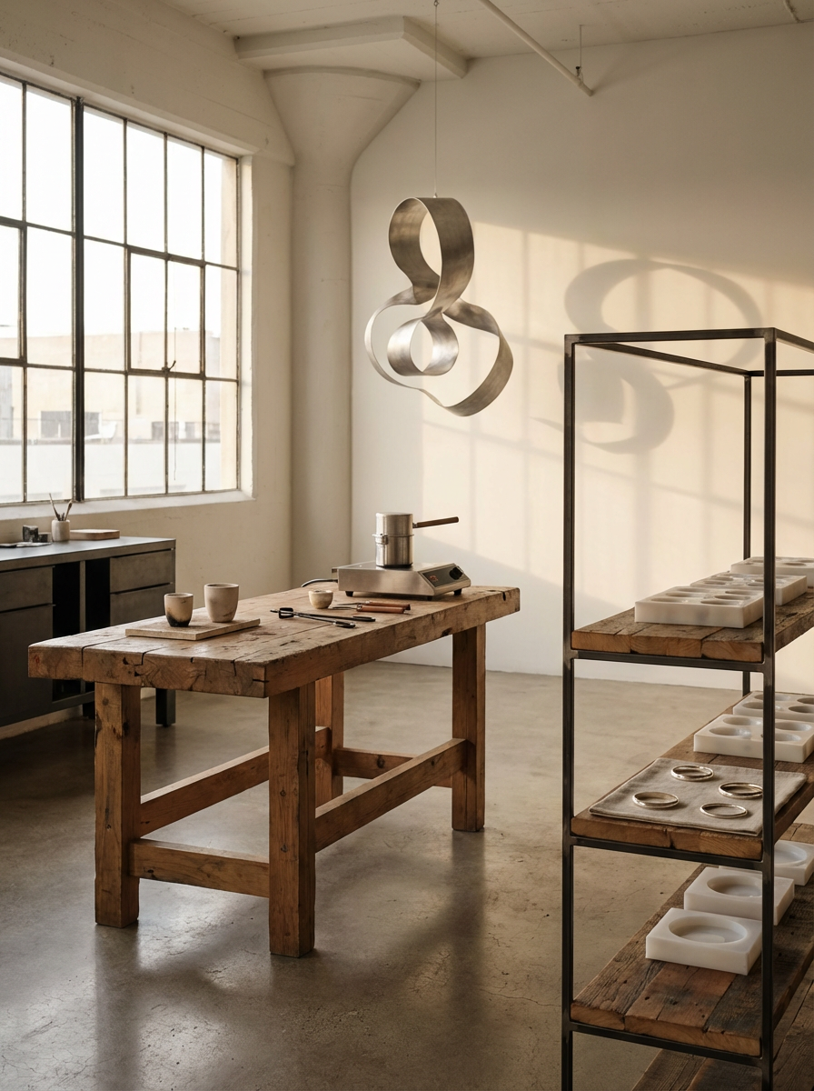 An industrial-style room with large windows, a wooden work table, and shelves. The table has ceramic items, a small stove, and tools. A modern sculpture hangs from the ceiling, casting a shadow on the wall.