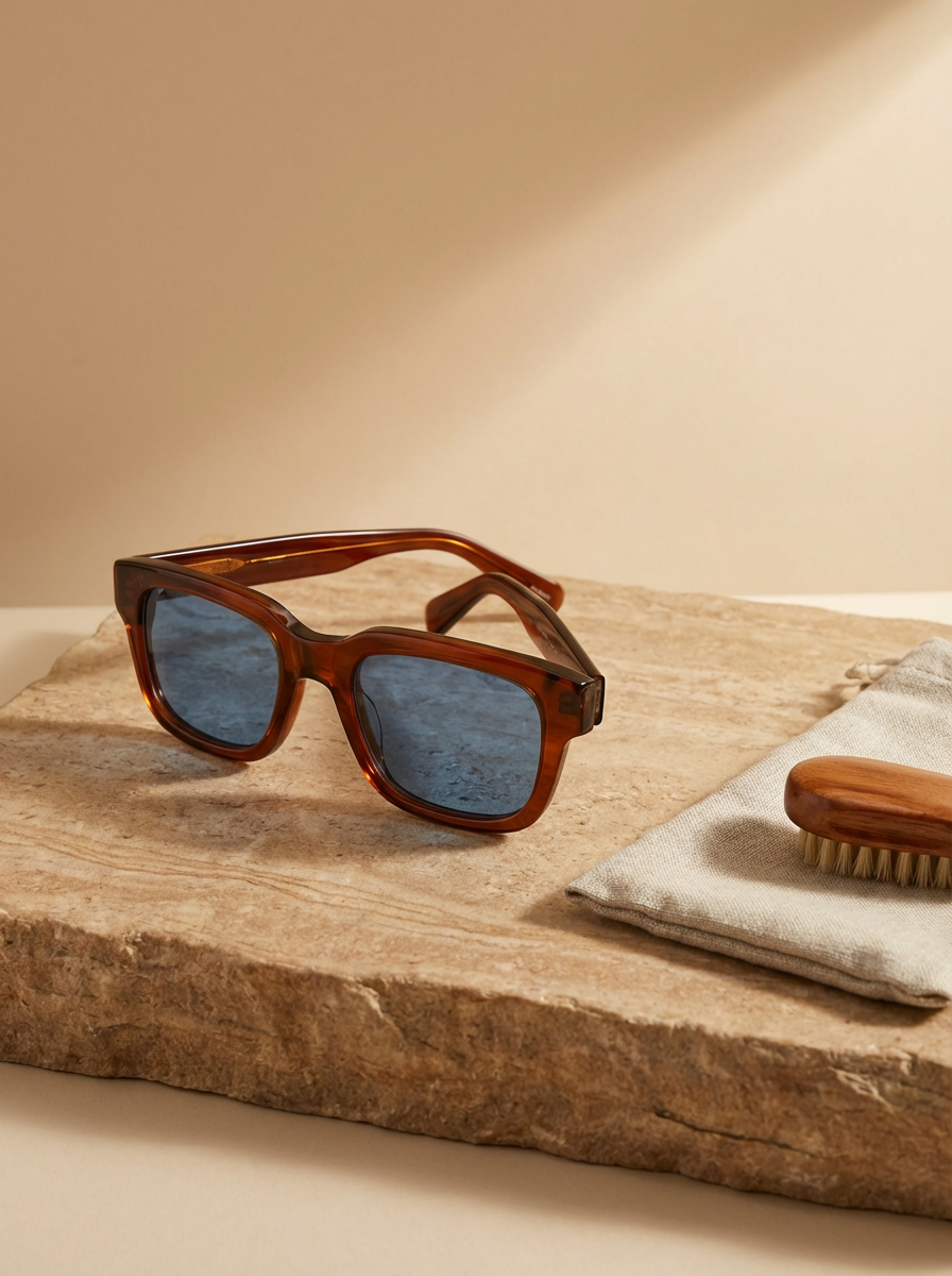 Brown sunglasses with dark lenses, a cleaning cloth, and a wooden-handled brush on a beige stone surface.