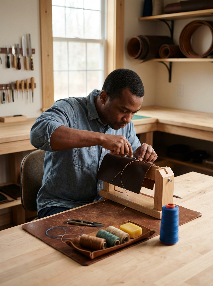 A man working on a leather craft project at a wooden workbench in a leather workshop, with spools of thread and tools nearby.