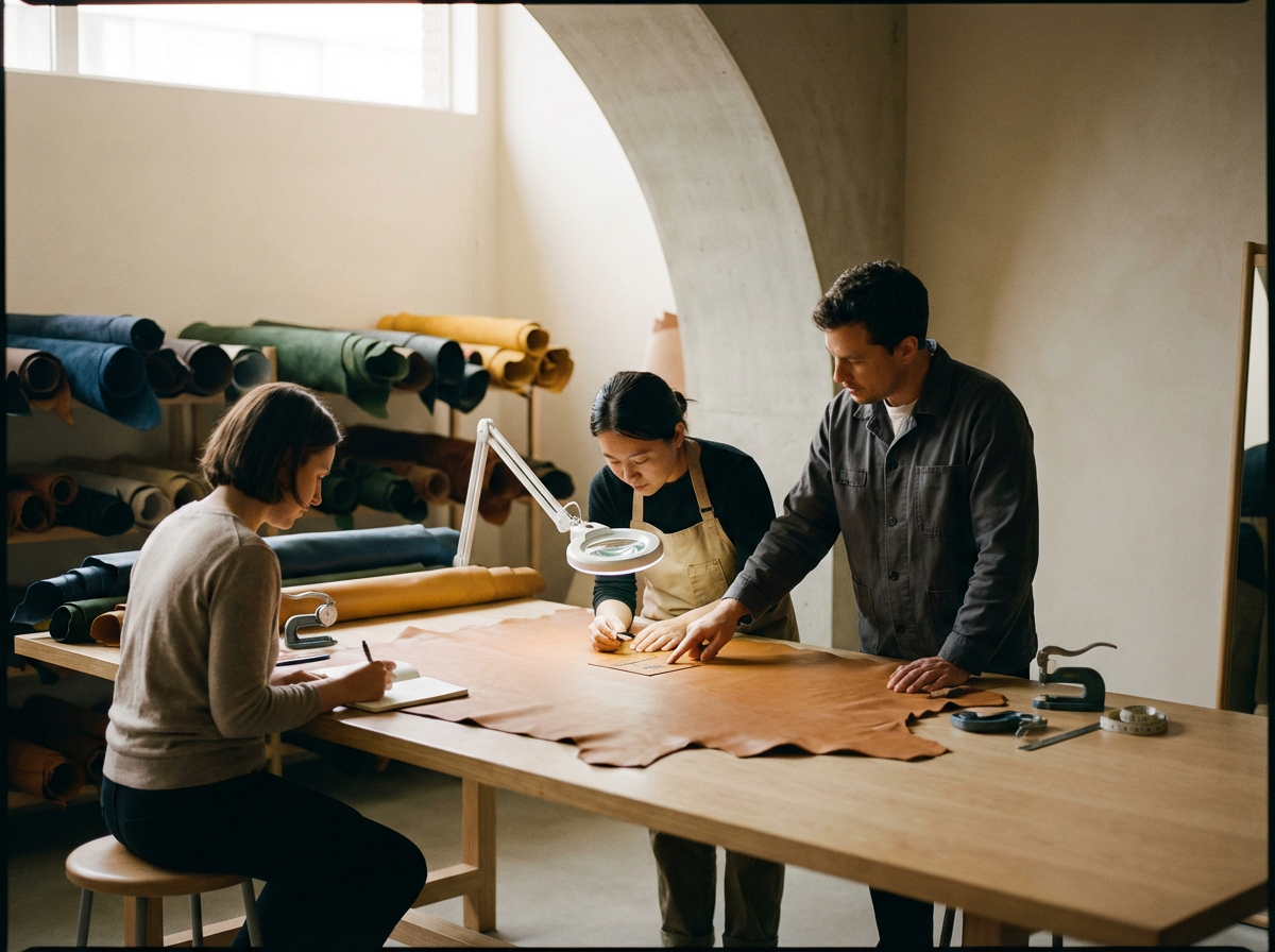 Three people working together in a leather workshop, examining a large piece of leather at a wooden table, with shelves of rolled fabrics in the background.