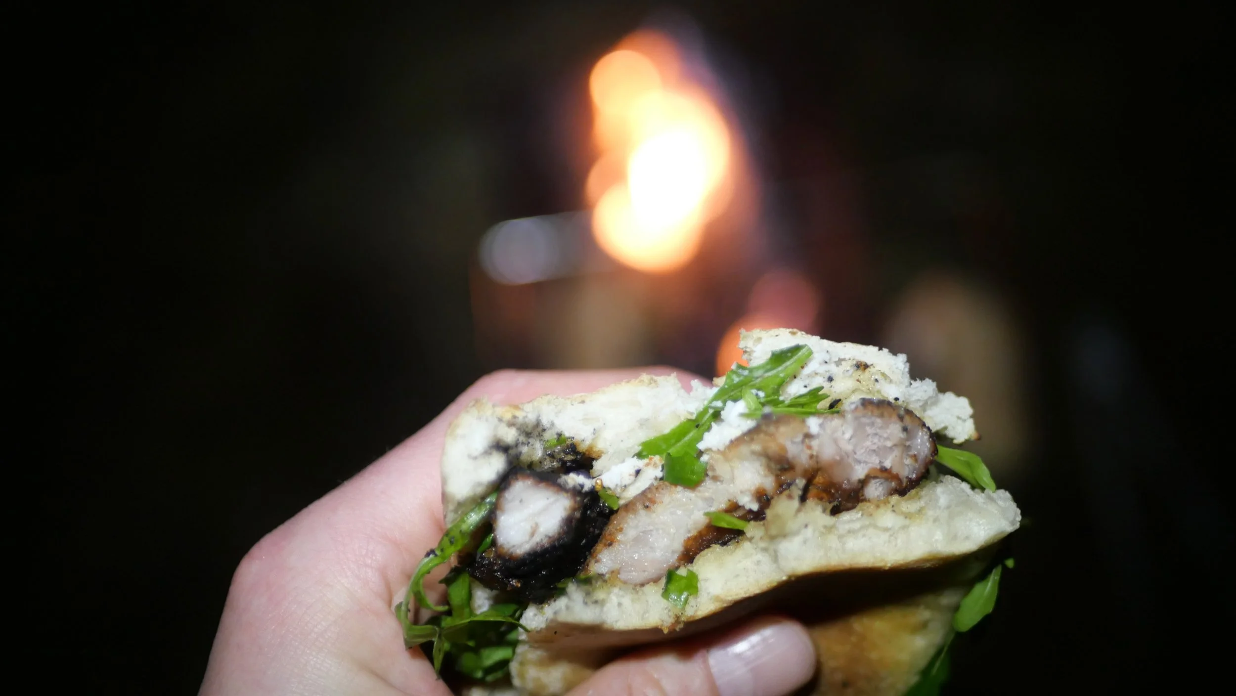 Close-up of a hand holding a pitta, green herbs, and rice, with a blurred background of a flame.