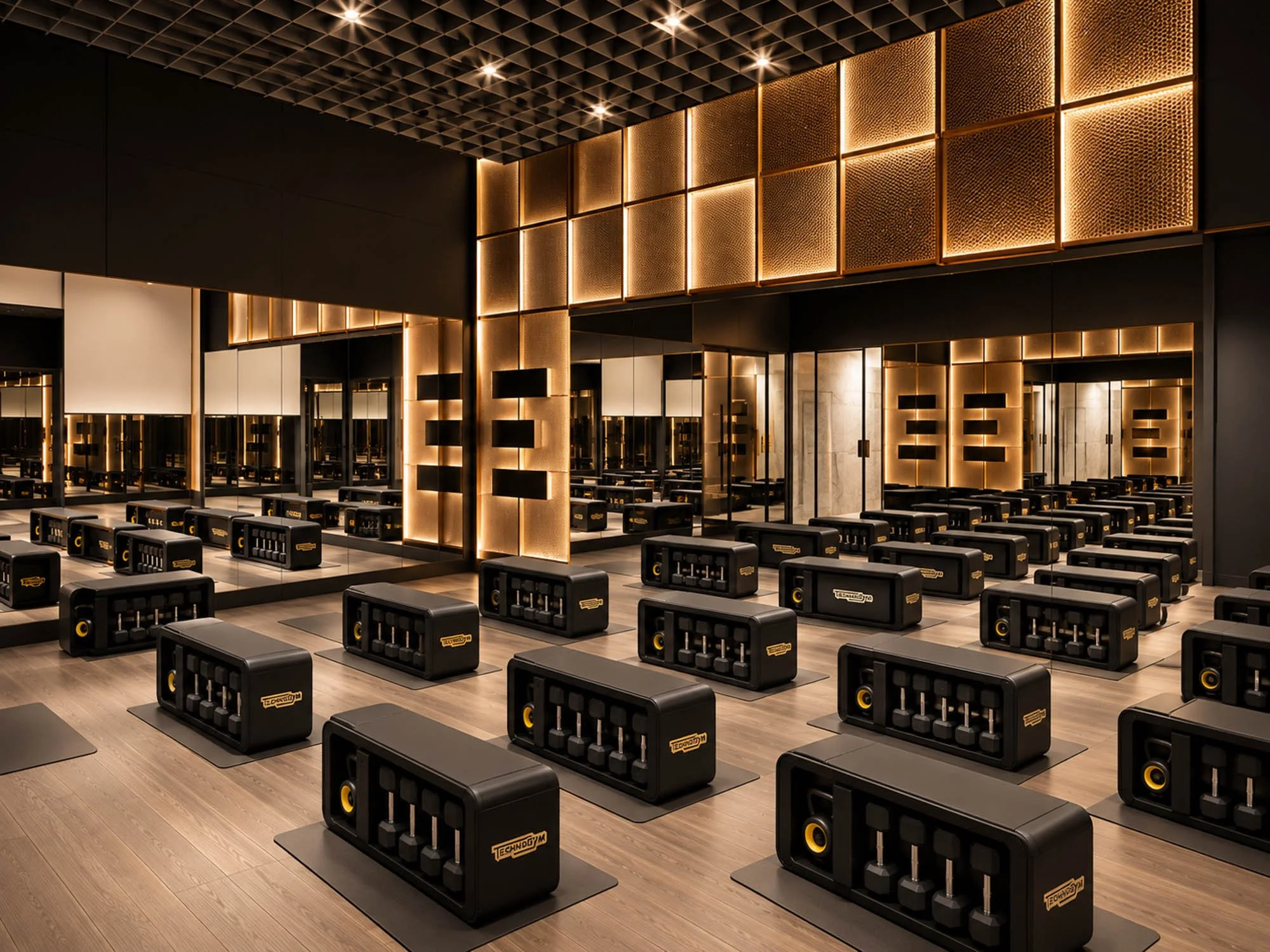 Indoor gym with black fitness benches and weights arranged in rows on a wooden floor, with gold-colored accent walls and ceiling grid lights.