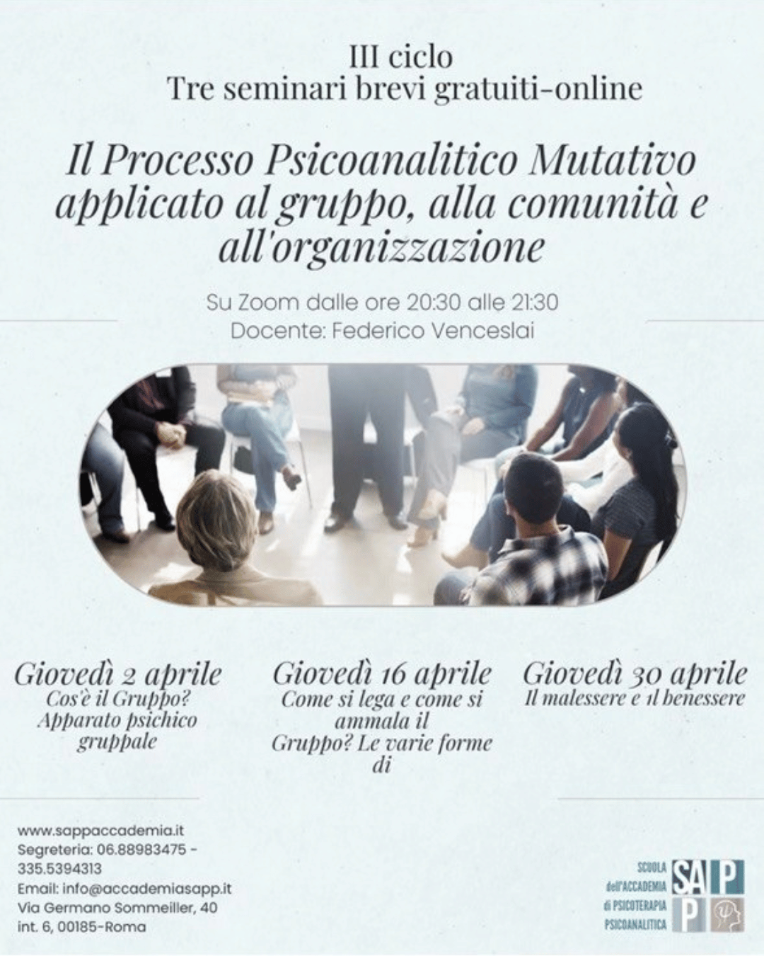 Locandina di un ciclo di seminari online gratuiti sulla psicoanalisi, con dettagli su date, orari e docente, e un'immagine di persone sedute in cerchio durante una sessione di gruppo.