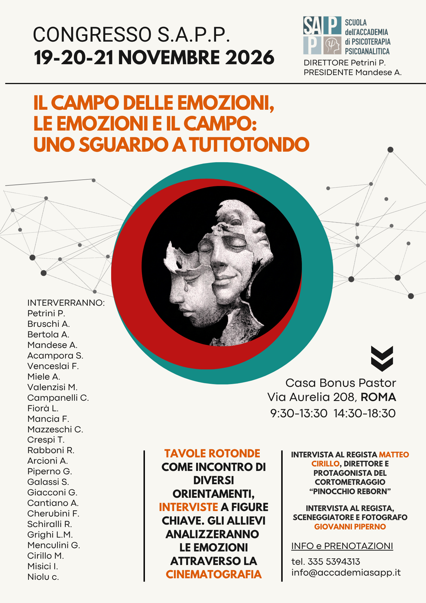 Locandina per un congresso sulla psicoterapia e l'arte, con dettagli su date, luoghi, relatori, e attività come tavole rotonde e interviste, decorata con un'immagine artistica di una testa umana con volti sovrapposti e elementi grafici astratti.