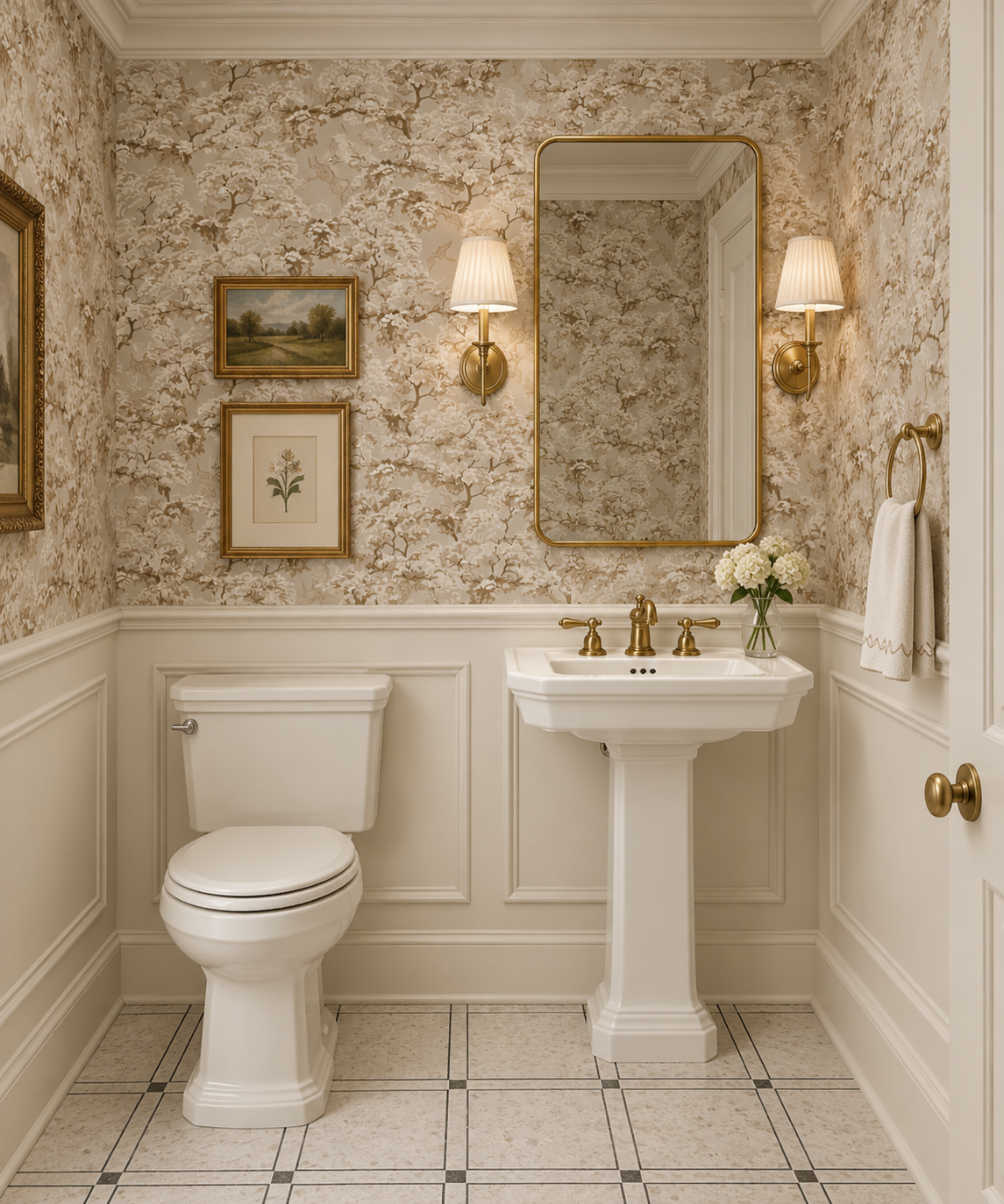 A bathroom with floral wallpaper, a white toilet, a white pedestal sink with brass fixtures, a mirror, wall sconces, framed artwork, and a vase with flowers.