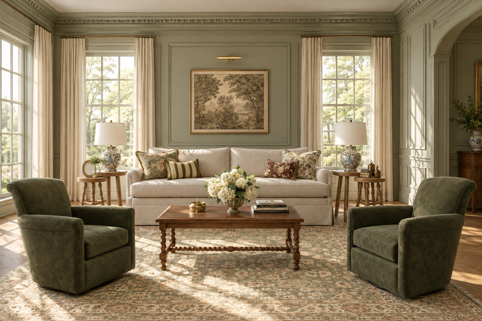 Elegant living room with large windows, cream sofa with patterned pillows, two green armchairs, wooden coffee table with floral arrangement, side tables with lamps, framed landscape art on light green walls, and a patterned area rug.