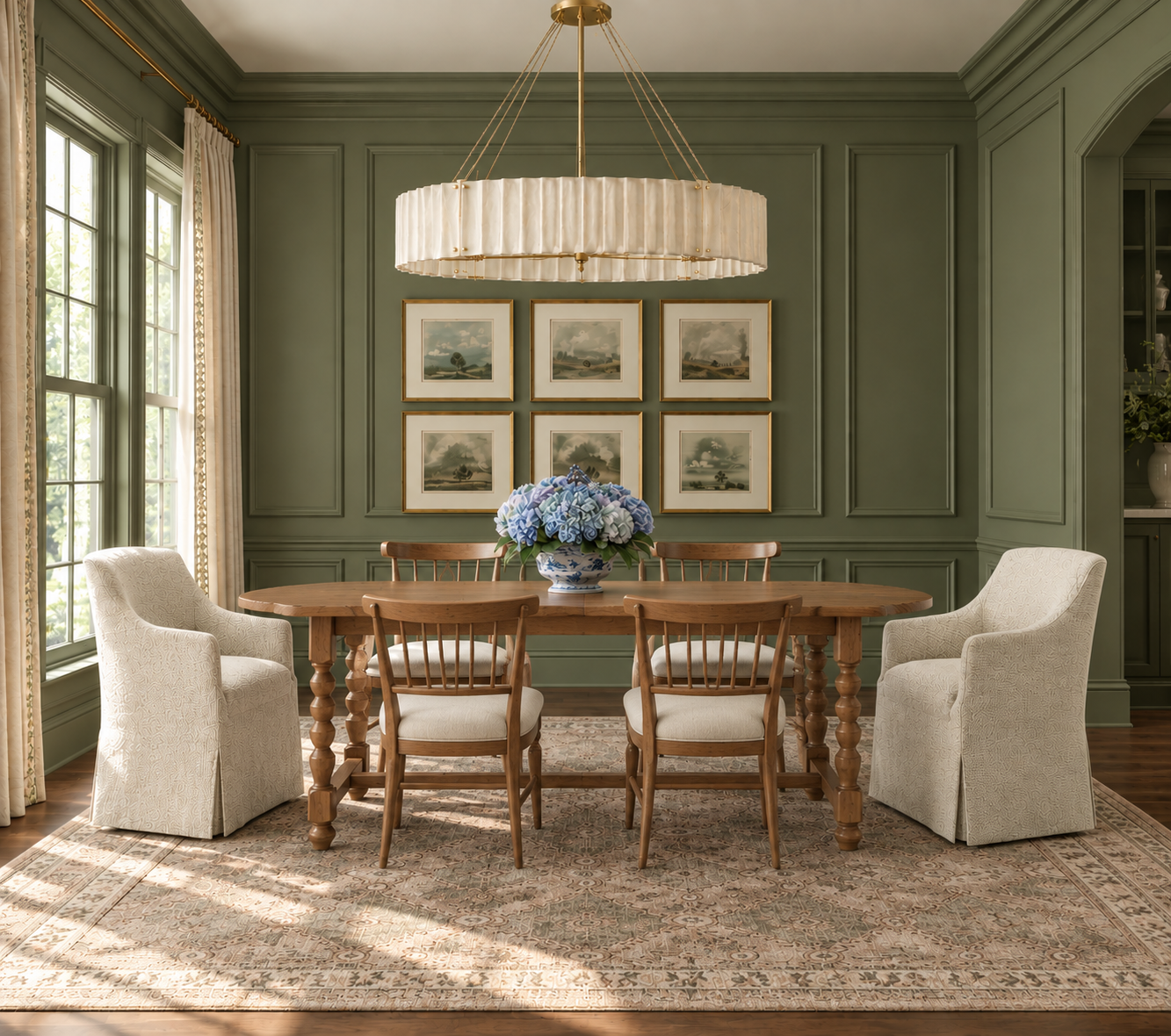 Elegant dining room with green paneled walls, large windows with curtains, a wooden oval dining table with six chairs, and a floral centerpiece on the table. Four framed landscape artworks hang on the wall, and a large cream-colored chandelier hangs above the table. The room has a patterned rug and built-in shelving.